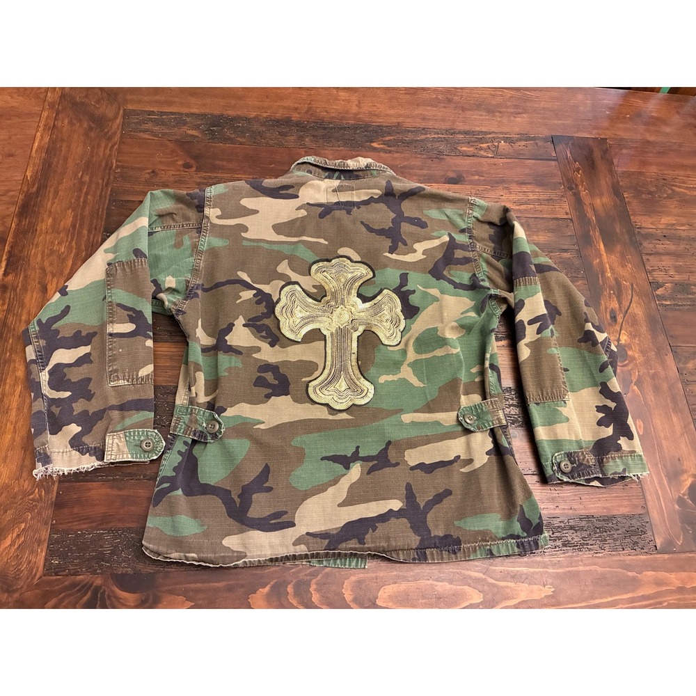 Vintage Military Jacket Authentic Sequin Cross Upcycle BDU Camo Unisex Med Short